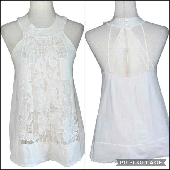 Anthro Floreat White Floral Crochet Lace Overlay Gauzy Halter Blouse Tank Top - Picture 2 of 7